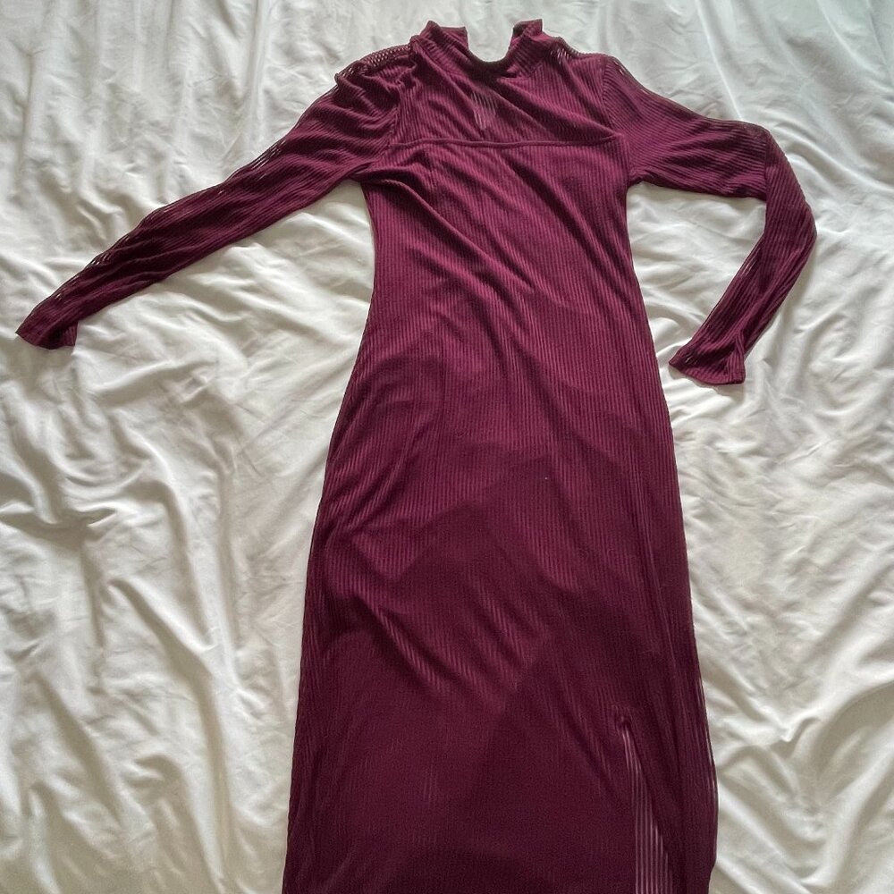 Express Sheath Dress Midi Long Sleeves Sheer High Neck Lined Maroon Womens M